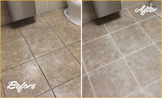 Before and After Picture of a Basking Ridge Restroom Tile and Grout Cleaned to Remove Soil