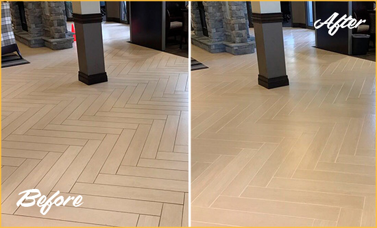 Before and After Picture of a Basking Ridge Office Floor Tile and Grout Cleaned to Remove Stains