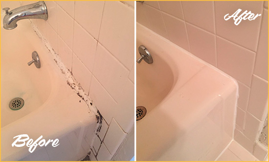 Before and After Picture of a Flemington Hard Surface Restoration Service on a Tile Shower to Repair Damaged Caulking