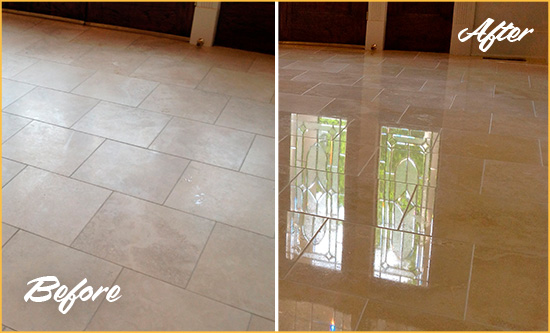 Before and After Picture of a Belle Mead Hard Surface Restoration Service on a Dull Travertine Floor Polished to Recover Its Splendor
