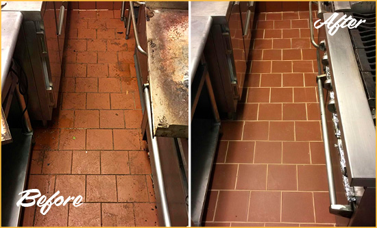 Before and After Picture of a Basking Ridge Hard Surface Restoration Service on a Restaurant Kitchen Floor to Eliminate Soil and Grease Build-Up